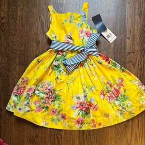 Yellow Floral Stripe-Bow Kids Dress